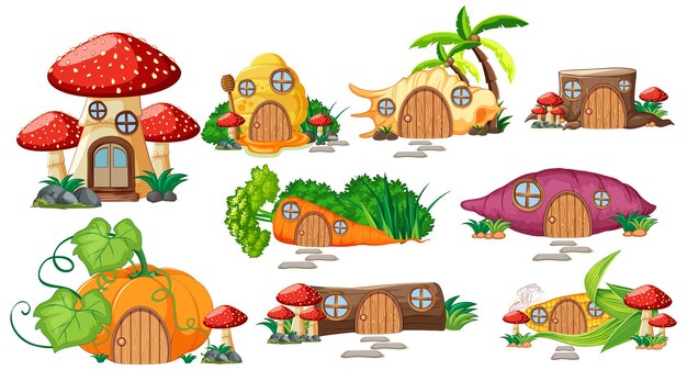 かわいい小さな家セット 白い背景のノーム 小人またはエルフのイラストのおとぎ話ファンタジーの家 プレミアムベクター