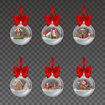 装飾と赤い弓と孤立した透明なクリスマスボールのセット