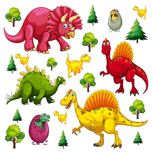 白い背景の上の孤立した様々な恐竜の漫画のキャラクターのセット