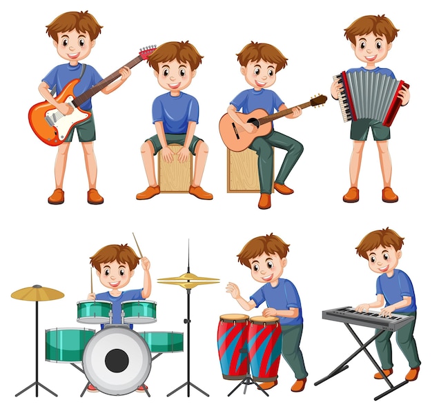 Бесплатное векторное изображение Набор детей, играющих на разных музыкальных инструментах