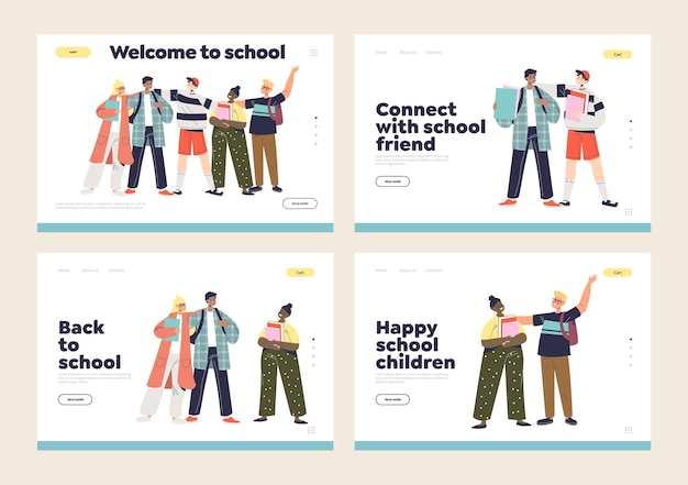 幸せな​学童​、​10​代​の​子供たち​の​生徒​、​または​子供たち​の​友達​と​一緒​に​コミュニケーション​を​とる​陽気な​学生​が​いる​ランディングページ​の​セット​。​学校​の​友情​の​概念​。​漫画​フラットベクトルイラスト