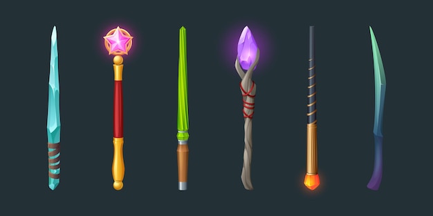 魔法の杖、光る宝石、凍った氷の結晶、ピンクのガラスの星、緑のツイストロッドが付いた魔法使いまたは魔女の杖のセット。 rpgファンタジーゲームアセット、魔術師のおとぎ話のスタッフ、漫画のベクトル図