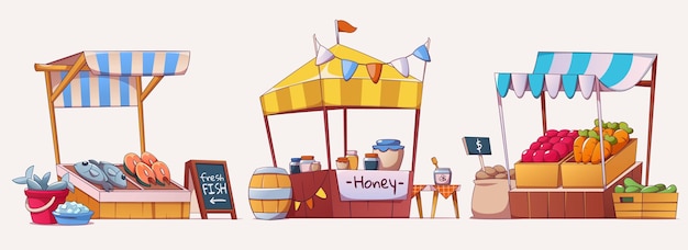 Бесплатное векторное изображение Набор рыночных прилавков, продающих продукты питания, изолированные на белом фоне. векторная карикатура на магазины справедливой торговли со свежим рыбным медом в стеклянных банках, коробки с овощами на прилавках под палатками