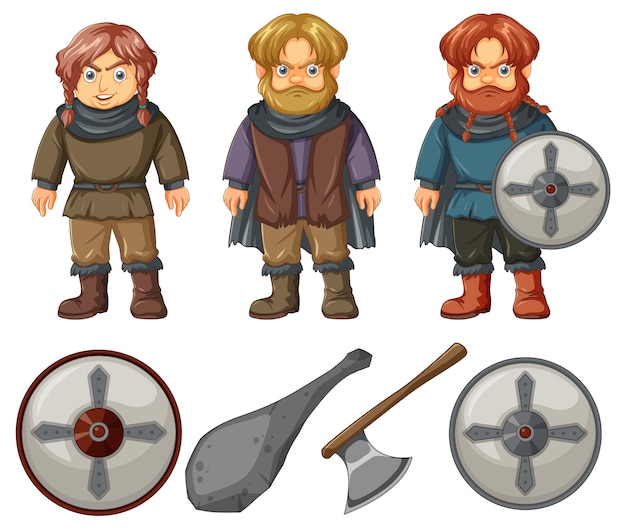 Бесплатное векторное изображение Набор мультипликационных персонажей средневековой армии гномов