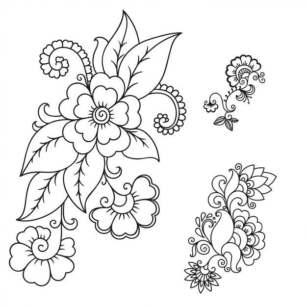 一時的な刺青の花のセット エスニックオリエンタル インド風の装飾 飾りを落書き 手描きイラストを概説します プレミアムベクター