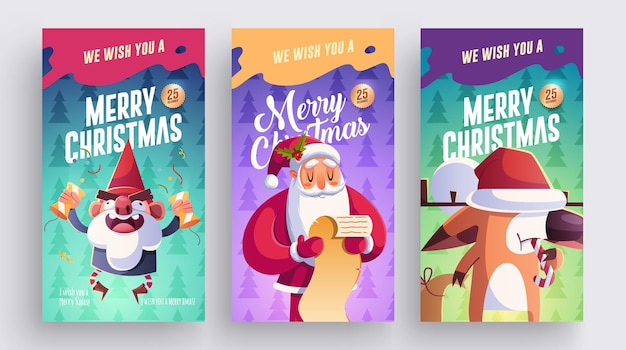 Набор дизайна поздравительных открыток с рождеством и новым годом с рождественскими персонажами