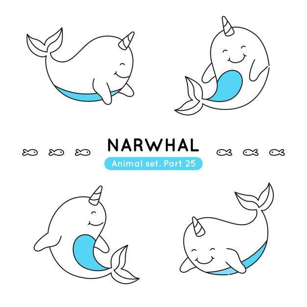 恋にかわいいnarwhalカップルのイラスト プレミアムベクター