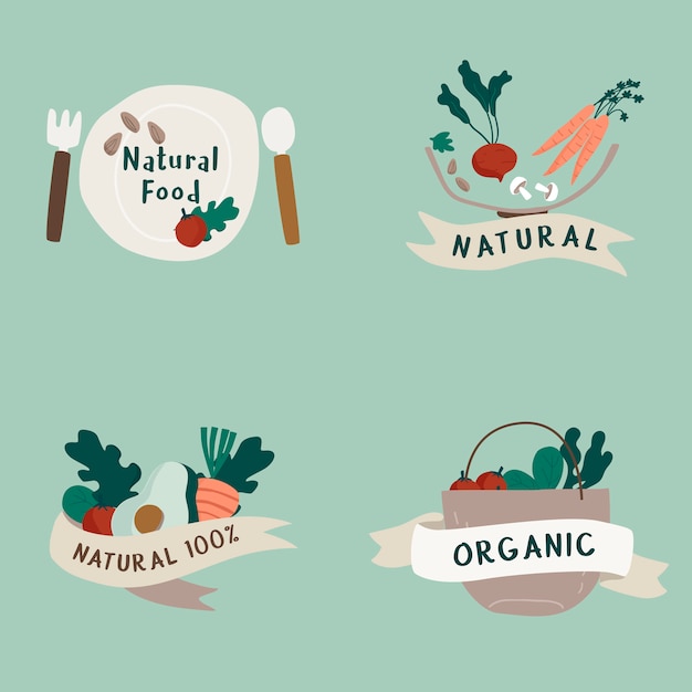 Набор векторных значков натуральных и органических пищевых продуктов