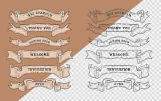 無料ベクター 古いヴィンテージリボンバナーと彫刻スタイルの描画のセット