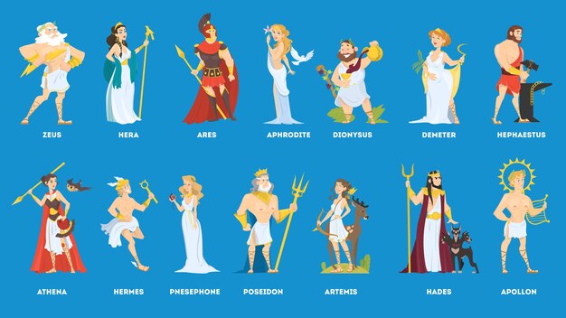 古代ギリシャ神話 オリンパスの神々と女神 漫画面白いキャラクターゼウスとアフロディーテ ポセイドンとアポロ ハデスとヘラ プレミアムベクター