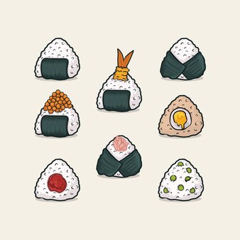 異なるアクション感情でかわいい日本料理おにぎりキャラクターのセット プレミアムベクター 異なるアクション感情でかわいい日本料理おにぎりキャラクターのセット プレミアムベクター