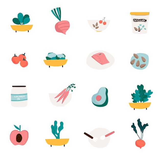 Бесплатное векторное изображение Набор органических векторов значков продуктов питания