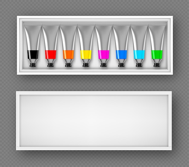 無料ベクター ボックスのトップビューのペイントチューブのセット金属アルミニウムボトルのオイルまたはアクリル染料のカラフルなパレットクリッピングパスが分離されました