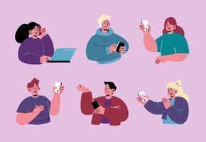 Бесплатное векторное изображение Набор людей с мобильными телефонами, зависимость от гаджетов