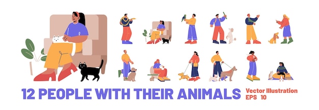 Бесплатное векторное изображение Набор людей с домашними животными персонажей с животными