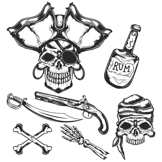 Бесплатное векторное изображение Набор пиратских элементов (бутылка, кости, меч, пистолет)