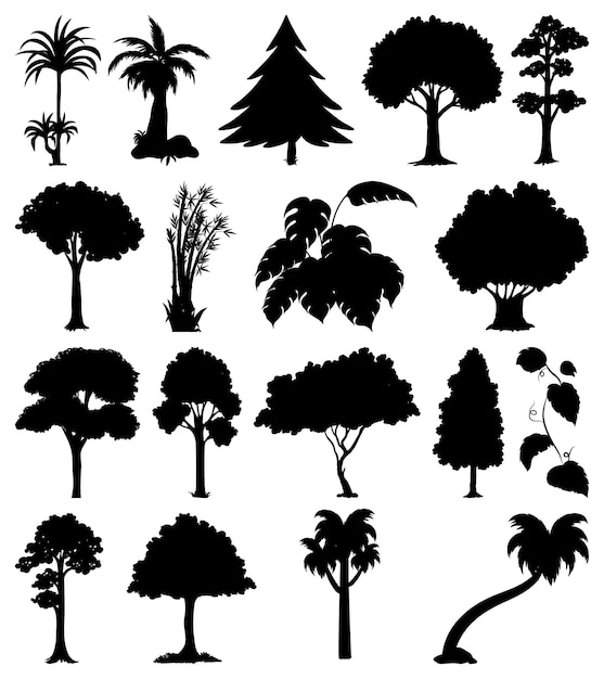 Бесплатное векторное изображение Набор растений и силуэт дерева