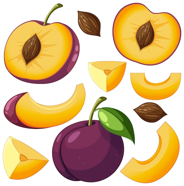 Бесплатное векторное изображение Набор мультяшных фруктов сливы