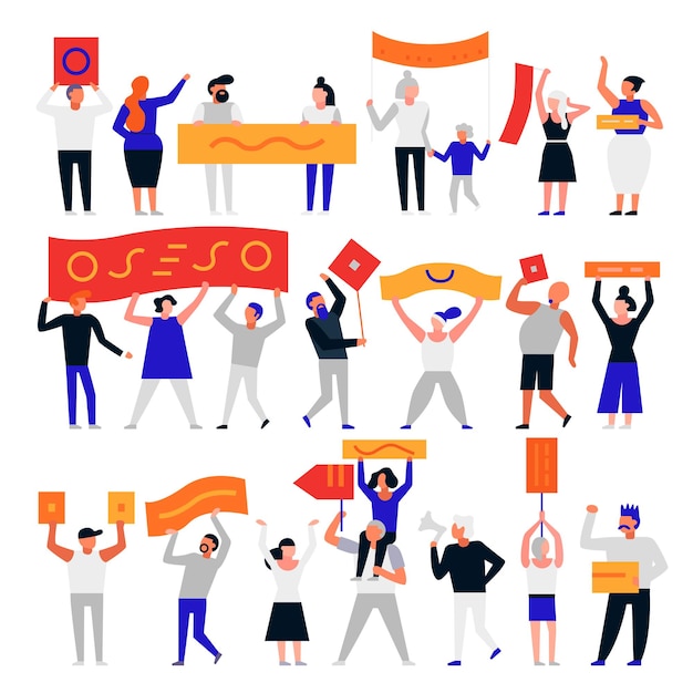 Бесплатное векторное изображение Набор протестующих людей с флагами