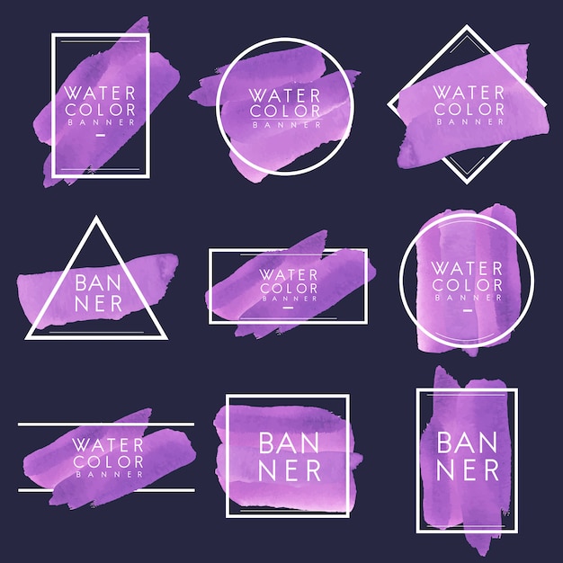 Бесплатное векторное изображение Набор фиолетового акварельного дизайна баннера