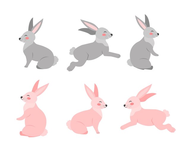漫画のかわいいウサギのセット さまざまなポーズのバニーペットのシルエット うさぎとうさぎのカラフルな動物コレクション プレミアムベクター