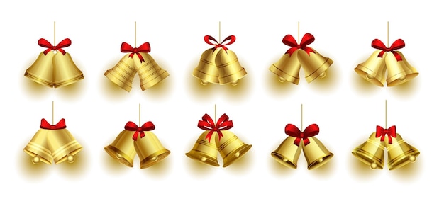 Бесплатное векторное изображение Набор реалистичных рождественских колокольчиков для рождественского украшения