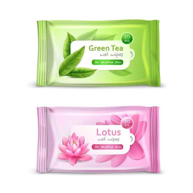 Набор реалистичной упаковки для влажных салфеток с зеленым чаем и цветком лотоса, изолированных иллюстрация