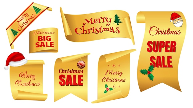 現実的​な​赤い​バナー​の​クリスマス​セール​の​セット​は​、​赤い​金色​の​紙​の​クリスマス​を​分離​または​スクロールします