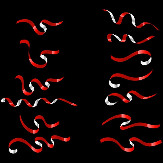 무료 벡터 검은 배경에 고립 된 빨간색과 흰색 리본 세트