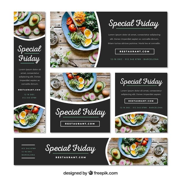 無料ベクター 写真付きのレストランバナーのセット