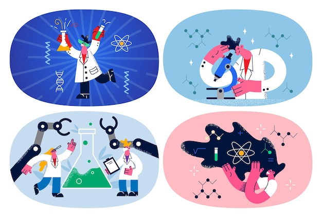 医療ユニフォームの科学者のセットは 実験室で科学研究を行います チューブを持った笑顔の科学者や研究者 は 研究室で発見を行い ワクチンを開発します 薬 ベクトルイラスト プレミアムベクター