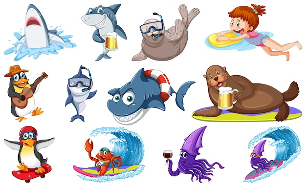 Бесплатное векторное изображение Набор персонажей мультфильма о морских животных