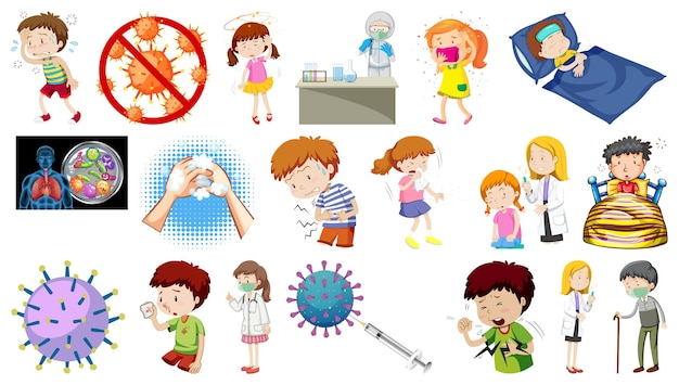 Бесплатное векторное изображение Набор больных людей с разными симптомами