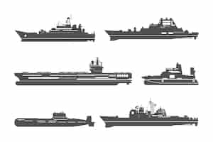 Бесплатное векторное изображение Набор силуэтов военно-морских кораблей
