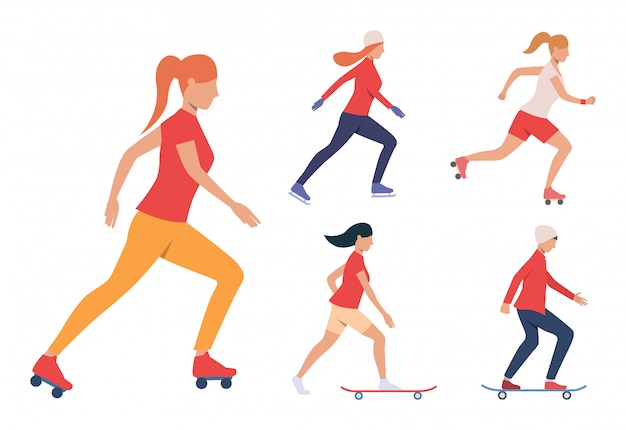 Бесплатное векторное изображение Комплекс катания на коньках. девушки и парни скейтбординг