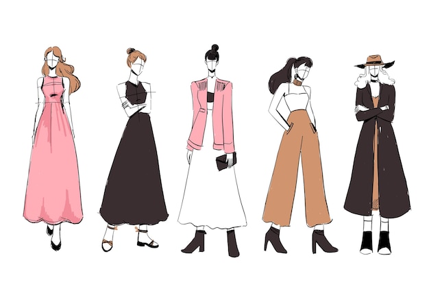 無料ベクター 美しく多様な女性のファッション衣装のスケッチのセット