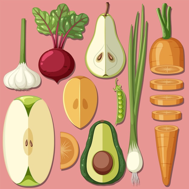 Бесплатное векторное изображение Набор нарезанных овощей и фруктов