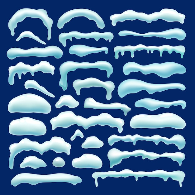 Бесплатное векторное изображение Набор снежков, снежных шапок, сосулек, сугробов.