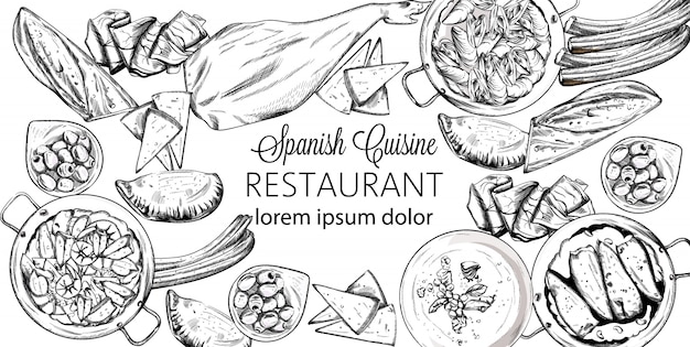 Бесплатное векторное изображение Набор испанской национальной кухни. мидии, хамоновая кость, багет, сыр, кальцоне, суп из морепродуктов, зеленая фасоль или пюре из шпината