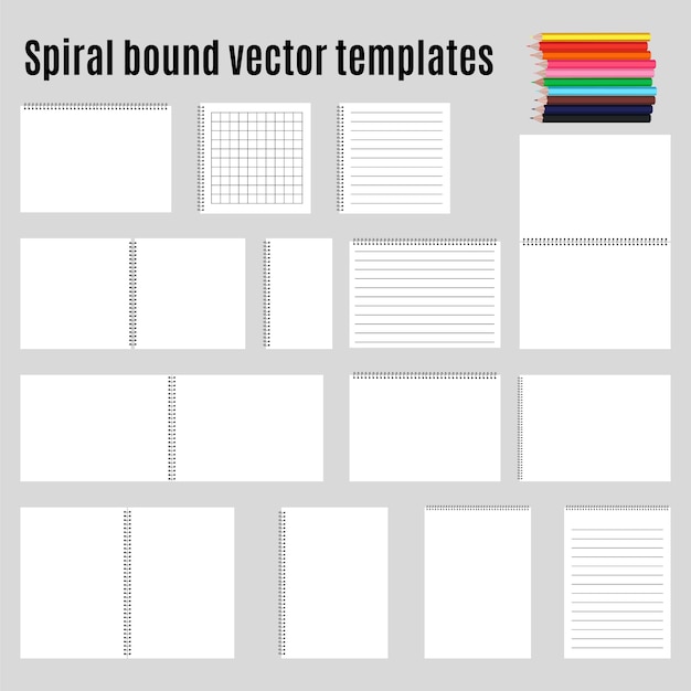 無料ベクター スパイラルバインドされた水平のメモ帳と鉛筆のセット。コレクション。