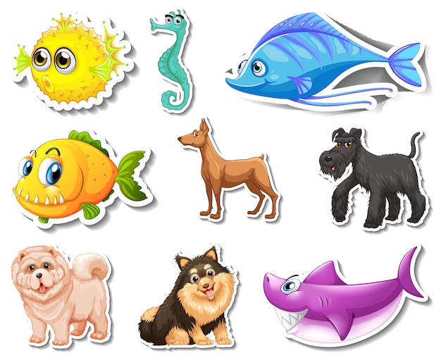 바다 동물과 개 만화 캐릭터와 스티커 세트