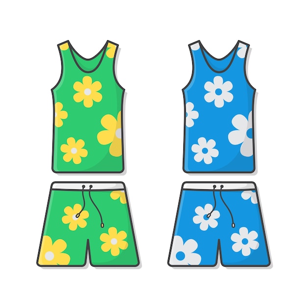 夏服イラストのセットです アロハシャツとビーチサマーショーツ 夏休みのコンセプト プレミアムベクター