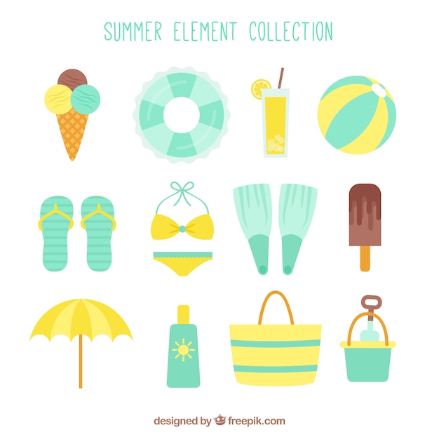 Набор летних элементов с едой и одеждой в плоском стиле