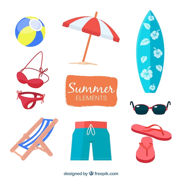 Бесплатное векторное изображение Набор летних элементов с едой и одеждой в стиле ручной работы