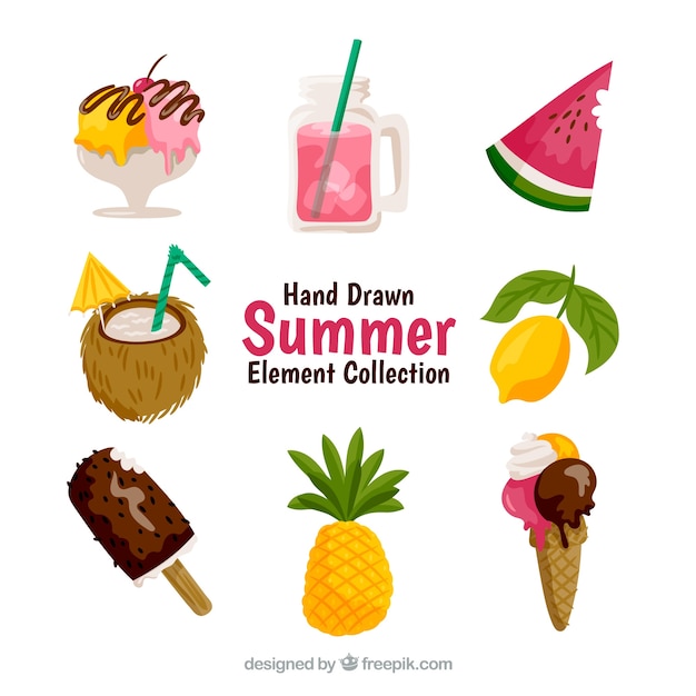 Набор летних элементов с едой в ручном стиле