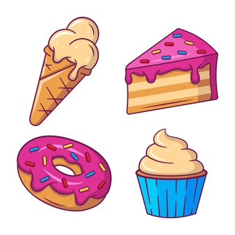 달콤한 맛있는 디저트와 도넛 조각 아이스크림, 컵케이크와 같은 베이커리 제품 세트