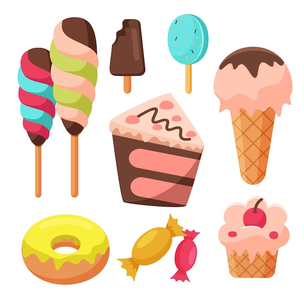 Бесплатное векторное изображение Набор вкусного мороженого сладкие летние деликатесы с мороженым с разными вкусами, рожки мороженого и фруктовое мороженое с разными начинками векторная иллюстрация