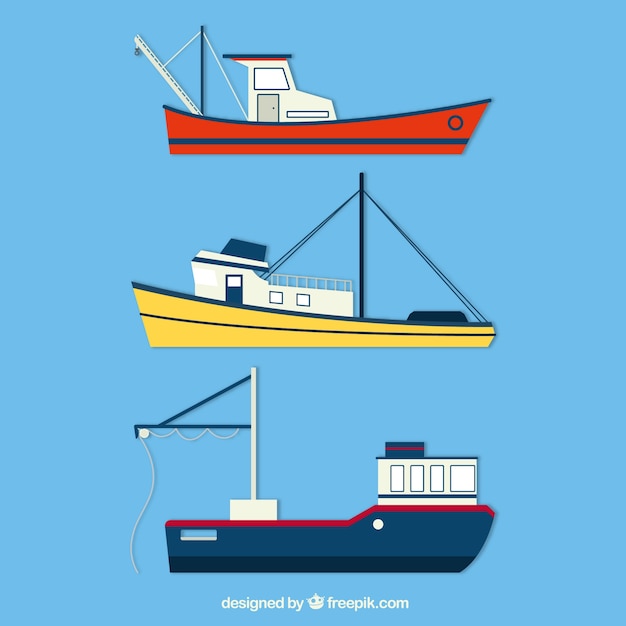 Бесплатное векторное изображение Набор из трех рыбацких лодок в плоском дизайне