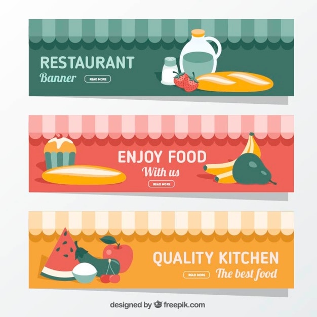 Бесплатное векторное изображение Набор из трех баннеров ресторана с плоскими продуктами питания