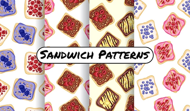 トーストパンサンドイッチコミックスタイル​の​シームレス​な​ボーダー​パターン​の​セット​です​。​果物​や​野菜​の​健康的​な​緑​の​壁紙​と​サンドイッチ​。​朝食​または​昼食​の​食品​の​背景​テクスチャタイルコレクション